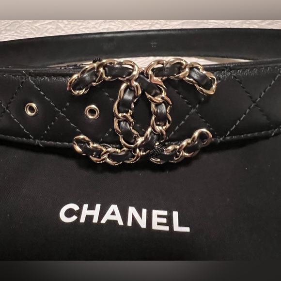 - CHANEL BLACK QUILTED 💥 CC LOGO GOLD BUCKLE BELT NEW size 85 - Picture 7 of 12